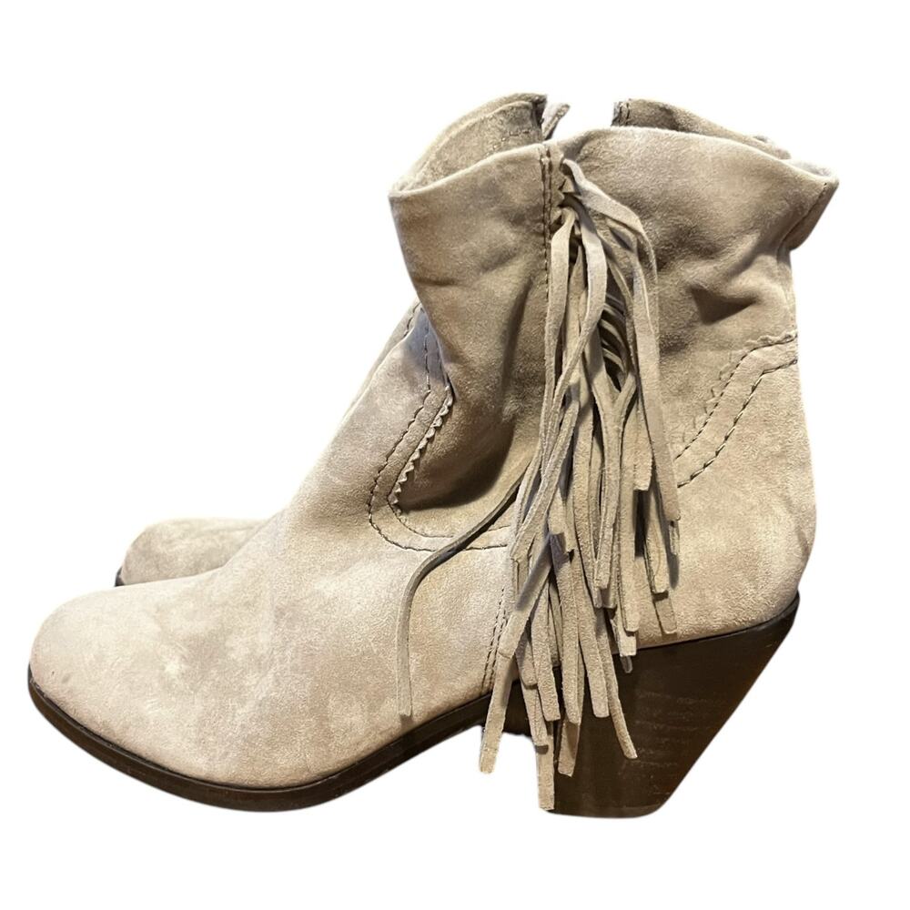 Sam Edelman Louie Suede Fringe Ankle Boots Heel Booties Gray Western Size 5.5